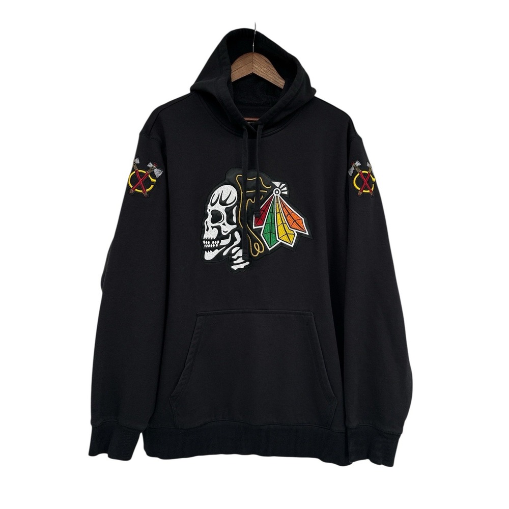 Chicago Blackhawks Skull Hoodie‎ Mens 2XL Custom Embroidered NHL Pullover Skull